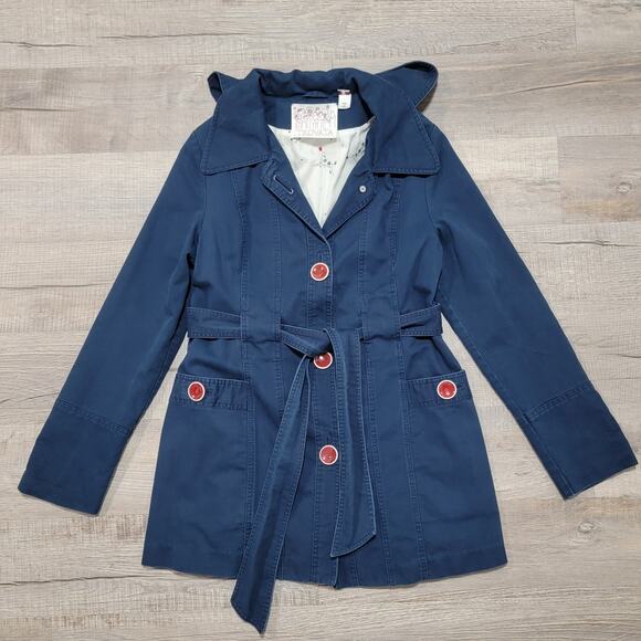 Trovata Birds of Paradis Long Cotton Senhora Coat Size Large Navy Hooded Pockets - Picture 1 of 10